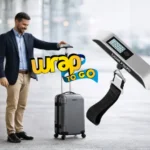 Viajero adulto pesando una rolling suitcase con una báscula de mano para equipaje en un entorno moderno de aeropuerto