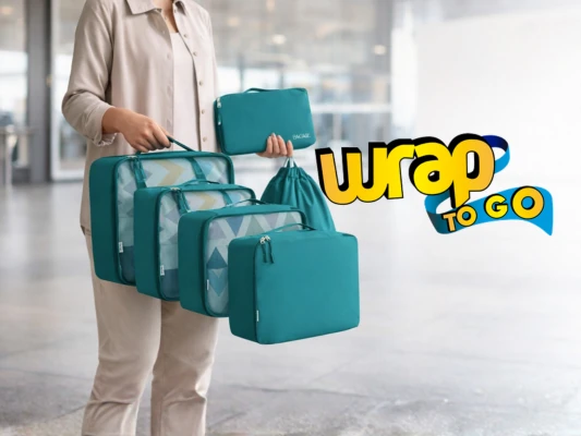 Persona sosteniendo organizadores de ropa viaje en aeropuerto, ideales para maleta tipo rolling suitcase