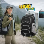 Mujer en sendero de montaña con mochila cómoda, alternativa práctica al rolling suitcase para rutas naturales