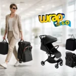 Adulto caminando en aeropuerto con cochecito compacto plegable tipo rolling suitcase para viaje en avión