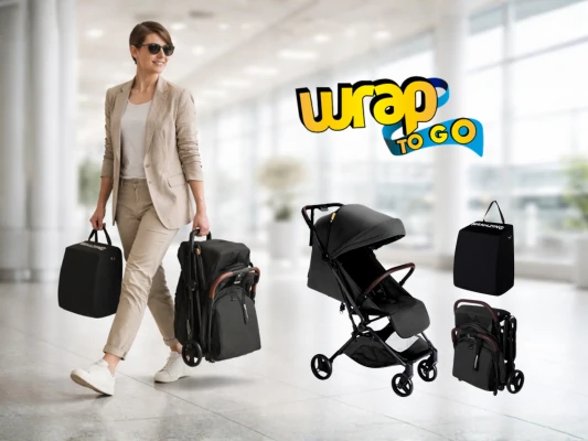 Adulto caminando en aeropuerto con cochecito compacto plegable tipo rolling suitcase para viaje en avión
