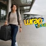 Persona caminando en aeropuerto con mochila antirrobo segura tipo rolling suitcase de mano