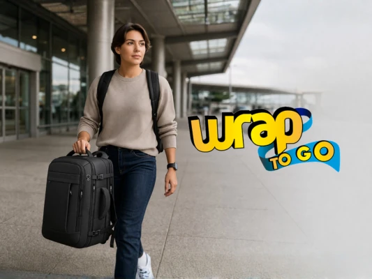 Persona caminando en aeropuerto con mochila antirrobo segura tipo rolling suitcase de mano
