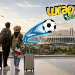 Viajeros con maletas con ruedas observan un estadio antes de la inauguración del Mundial 2026