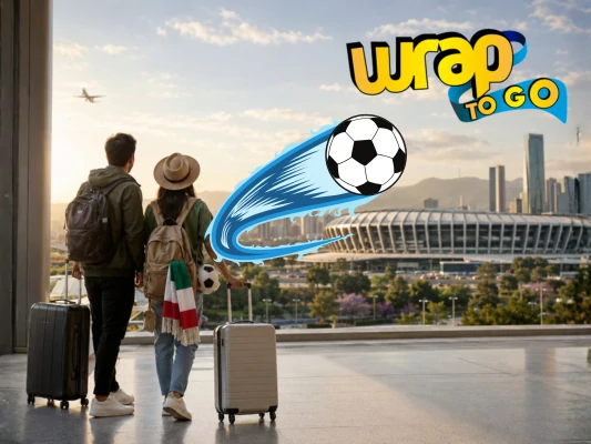 Viajeros con maletas con ruedas observan un estadio antes de la inauguración del Mundial 2026