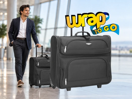 Viajero elegante con bolsa porta trajes con ruedas tipo maleta rodante en un aeropuerto moderno.
