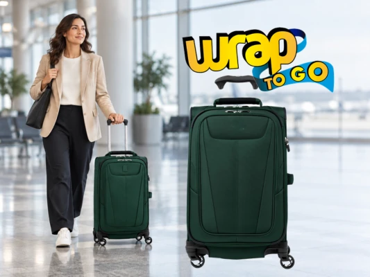 Viajera con maleta giratoria liviana de cuatro ruedas en una terminal de aeropuerto moderna.
