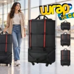 Viajera con maleta con ruedas en aeropuerto al comprar maleta de viaje para trayectos internacionales