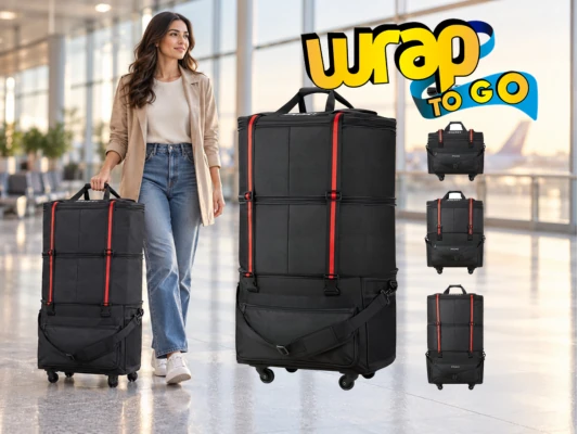 Viajera con maleta con ruedas en aeropuerto al comprar maleta de viaje para trayectos internacionales