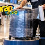 Operario envolviendo una maleta con ruedas en plástico protector en el aeropuerto de Miami.