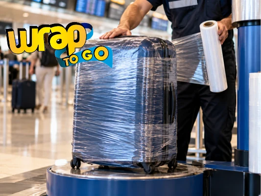 Operario envolviendo una maleta con ruedas en plástico protector en el aeropuerto de Miami.