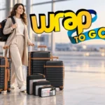 Viajera con set de mochila y maleta, tres maletas con ruedas y organizadores de equipaje en un aeropuerto moderno.