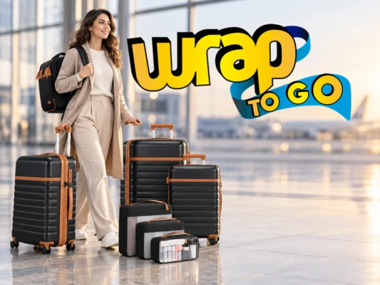 Viajera con set de mochila y maleta, tres maletas con ruedas y organizadores de equipaje en un aeropuerto moderno.